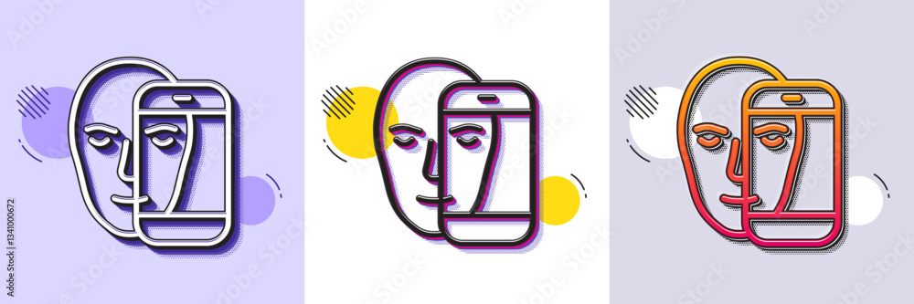Poster face biometrics line icon. halftone dotted pattern. gradient icon with grain shadow. facial recognit