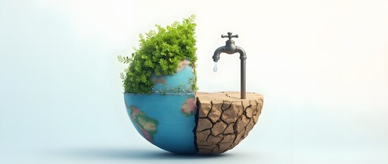 Half Green, Half Dry Earth with Dripping Faucet &ndash; Climate Change and Water Conservation Concept