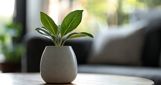 Close-up of a small green plant in a speckled gray pot on a wooden table.  Blurred background shows a gray couch and sunlight