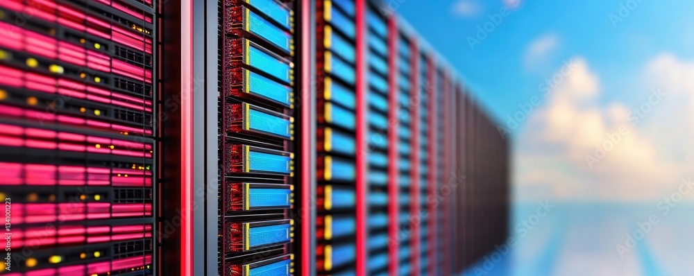 Poster cloud technology in computing and data transfer concept. colorful data center with modern servers, s