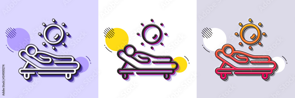 Poster lounger line icon. halftone dotted pattern. gradient icon with grain shadow. beach sunbed sign. summ
