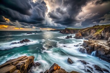 Obraz premium Dramatic Storm Clouds Rolling In: Long Exposure Coastal Landscape
