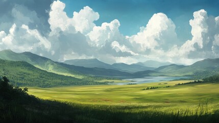 Obraz premium Cloud shadows drift across vast fields and mountains, creating a dynamic landscape in the afternoon light