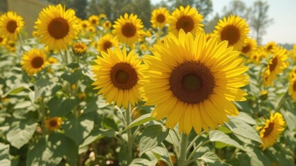 Obraz premium A vibrant yellow sunflower blooms in a sun-drenched field, leaves, close-up, blossom