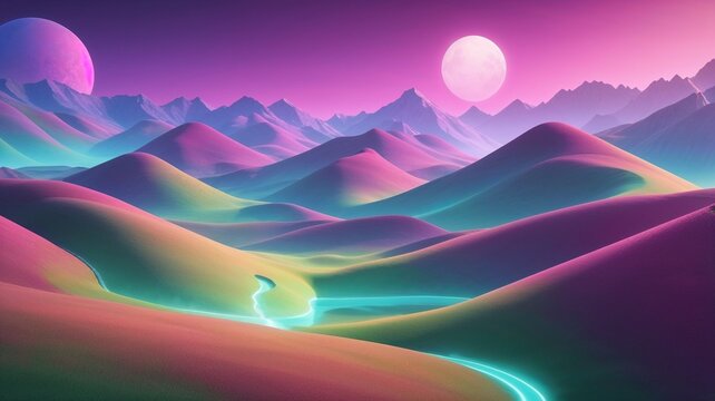 3d illustration of a stylized, dreamlike landscapes with rolling hills and glowing, iridescent