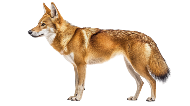 Majestic jackal standing in profile against a plain backdrop showcasing its sleek coat and keen gaze