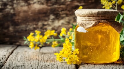 Jar of honey with rapeseed flowers on a wooden background