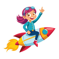 girl character riding a rocket and waving hand. on white background