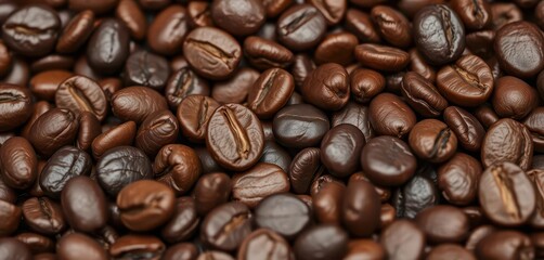 Obraz premium Dark brown, oily, unevenly textured roasted coffee beans, gourmet, caffeine, coffee shop