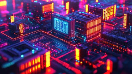 Cloud technology in computing and data transfer concept. Futuristic digital circuit board illuminated with vibrant neon lights.