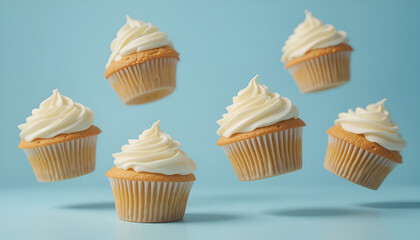 Elegant Vanilla Cupcakes in Mid-Air – Pastel Blue Background