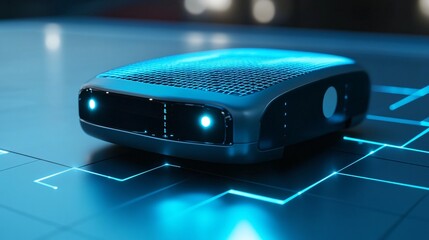 Close-Up of LiDAR Sensor on Futuristic Autonomous Vehicle with 3D Scanning Grid Displayed on Digital Screen