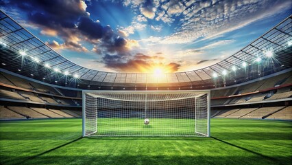Empty Soccer Stadium: Green Grass Field, Goal Net, and Arena Landscape