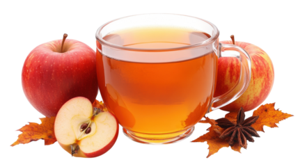 Warm apple cider paired with fresh apples and autumn leaves evokes cozy vibes