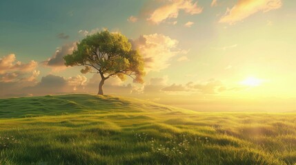 Obraz premium Love Tree Field: Warm Sunset, Glowing Cloudscape