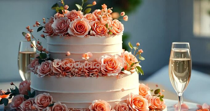 Elegant two-tiered wedding cake adorned with peach roses, accompanied by two champagne flutes. Soft lighting enhances the delicate details