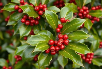 Obraz premium A vibrant holly branch, showcasing glossy green leaves and clusters of bright red berries, photo, season