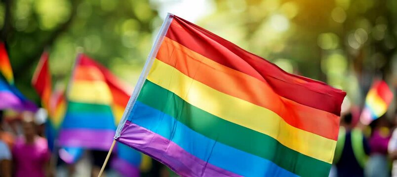 LGBT colorful flag at June parade festival event. Trans gay lesbian gender equality movement symbol. Generative video AI technology.