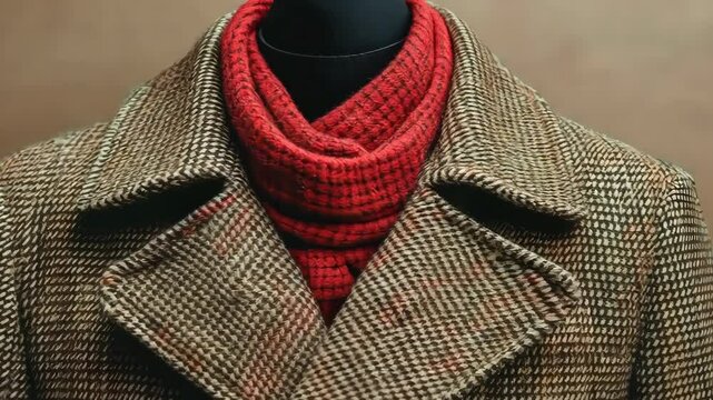 Classic Tweed Coat with Red Scarf: Autumnal Fashion