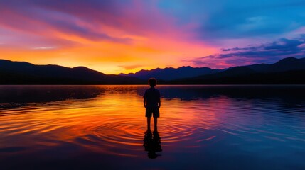 Fototapeta premium Silhouette of child at sunset on lake