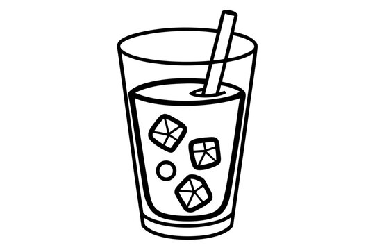 recommend clip art: Glass of lemonade with ice cubes line art vector illustration.