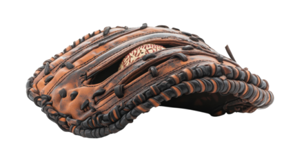 Vintage baseball glove resting on the grass with a ball hidden inside under warm afternoon sunlight