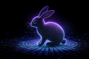 A digital Easter bunny hopping through a virtual world, leaving behind glowing pixelated eggs