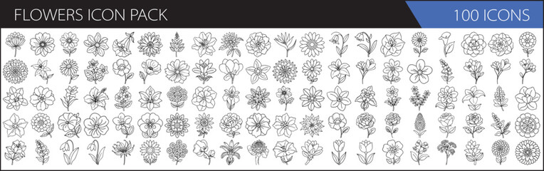 Flowers Icon Pack - 100 Line Art Icons - A collection of 100 minimalist line icons featuring various flowers, including roses, daisies, tulips, and botanical elements for design and decoration.  
 
