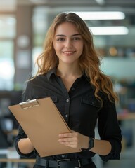 Smiling Office Staff: Female Assistant with Clipboard