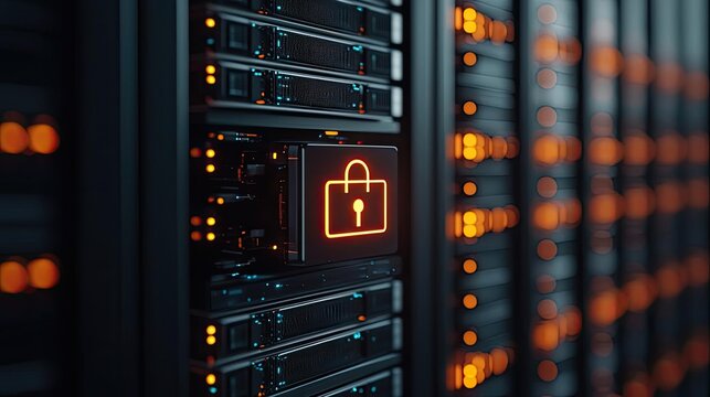 Cybersecurity in cyberspace network security protection concept. Close-up of a secure server with a digital lock indicator.