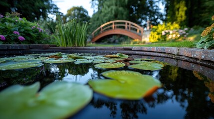 Serene garden pond with lily pads and a rustic bridge