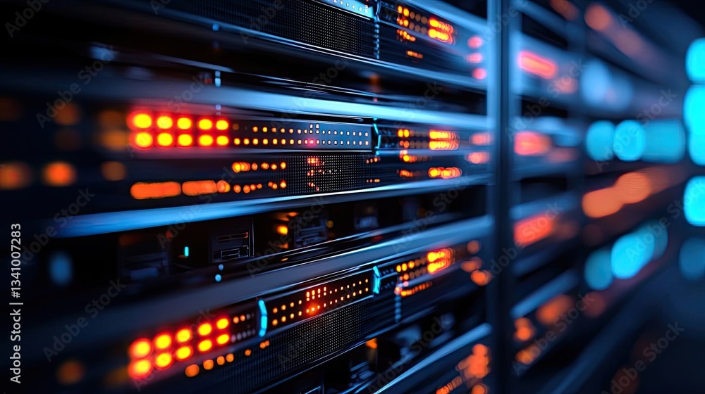 Poster cybersecurity in cyberspace network security protection concept. close-up of a modern server rack wi