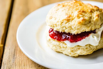 Freshly Baked Scone with Jam and Cream on a White Plate