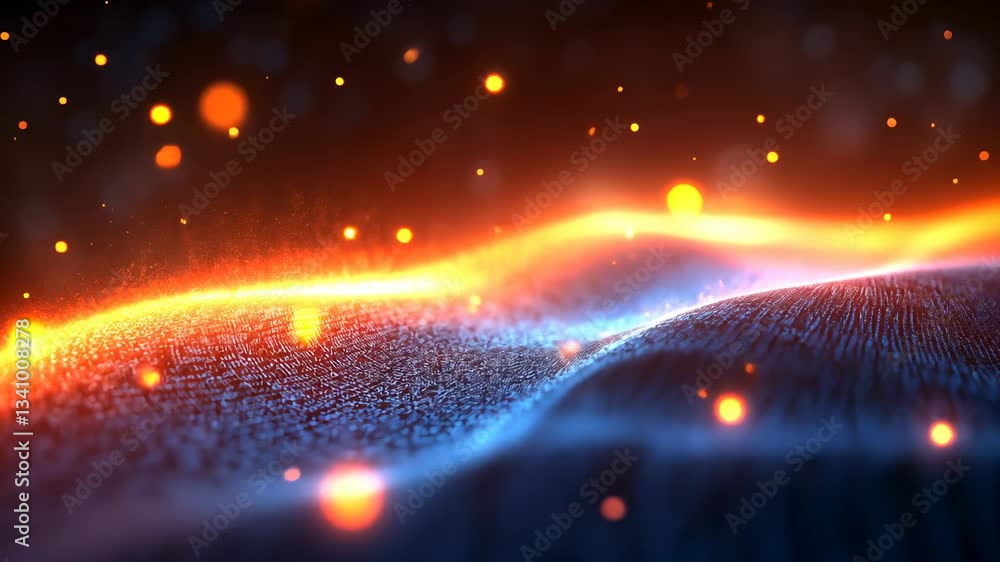 Aufkleber abstract digital wave form composed of glowing particles in blue and orange with floating sparkles