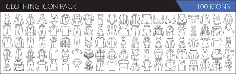 Clothing Icon Pack - 100 Line Art Icons - A collection of 100 minimalist line icons featuring various clothing items, including dresses, shirts, pants, jackets, and skirts for fashion design.  

