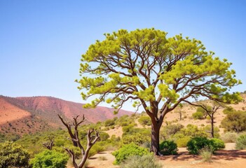 Acacia tree in Taita Hills, Kenya, vibrant green foliage, dry landscape, vegetation, branches