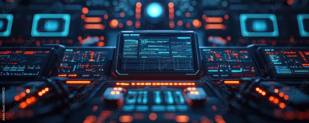 Poster cybersecurity in cyberspace network security protection concept. futuristic control panel with glowi
