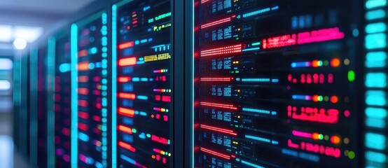 Fototapeta premium Cybersecurity in cyberspace network security protection concept. Abstract view of data servers with colorful LED lights.