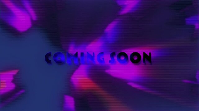 Coming soon text, word art title, the words coming soon in retro style pink and purple neon with black and tv lines, and static, vintage eighties nineties art background slideshow sequence 4k, cinema
