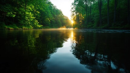 Obraz premium Sunrise over a tranquil river flowing through a lush forest