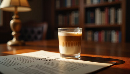 Layered Coffee in Elegant Library Setting with Warm Lighting