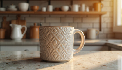 Cozy Ceramic Coffee Mug on Kitchen Counter in Warm Morning Light