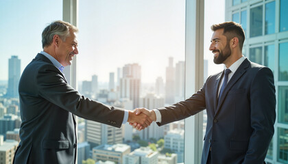 Successful Business Handshake in High-Rise Office with City Skyline View