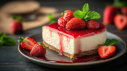Delicious cheesecake topped with fresh strawberries and raspberry sauce on a dark wooden table Generative AI