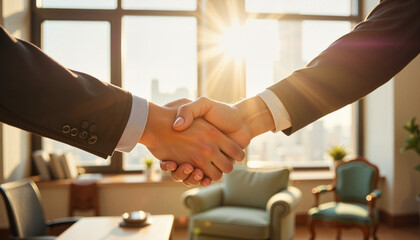 Business Handshake in Elegant Office with Warm Sunlight