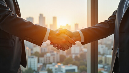Business Handshake in Corporate Office with City Skyline at Sunset