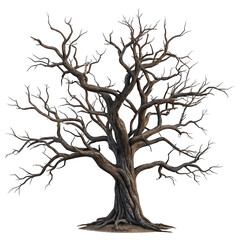 Dead dark ominous leafless spooky tree isolated on white and transparent background