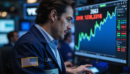 Stock Market Trader Analyzing Financial Data on Multiple Screens