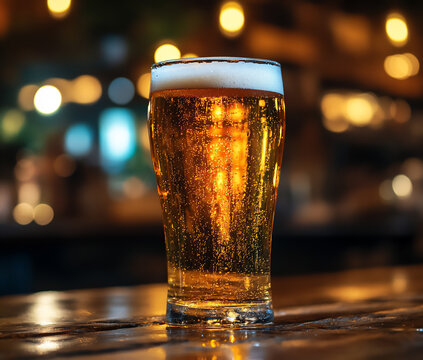 a glass of beer on the bar counter,