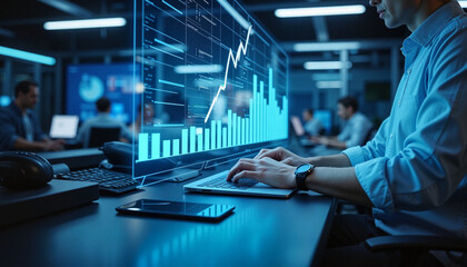 Financial Analyst Monitoring Stock Market Growth on Futuristic Digital Screen
